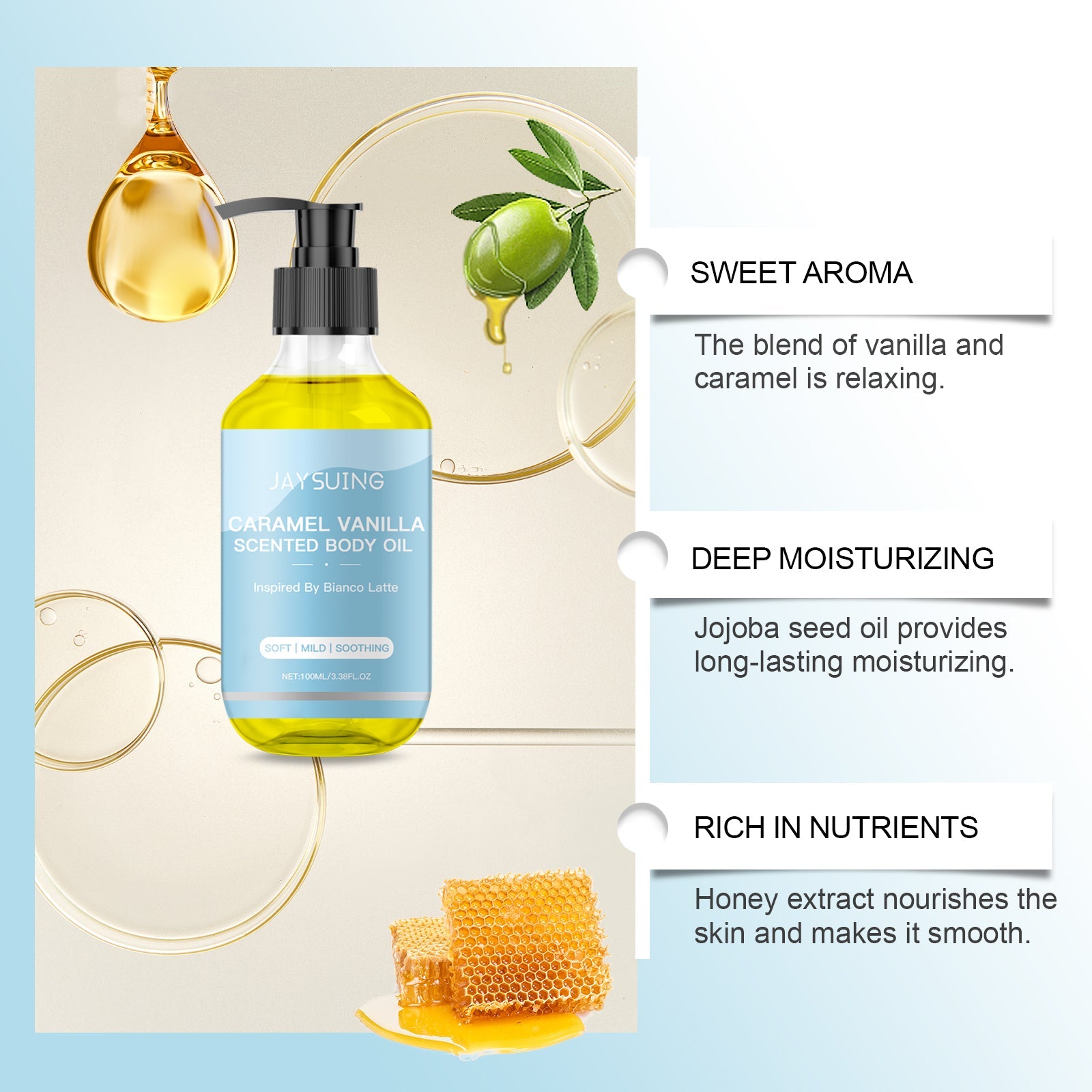 Caramel Vanilla Body Oil Moisturizing Skin Massage Treatment