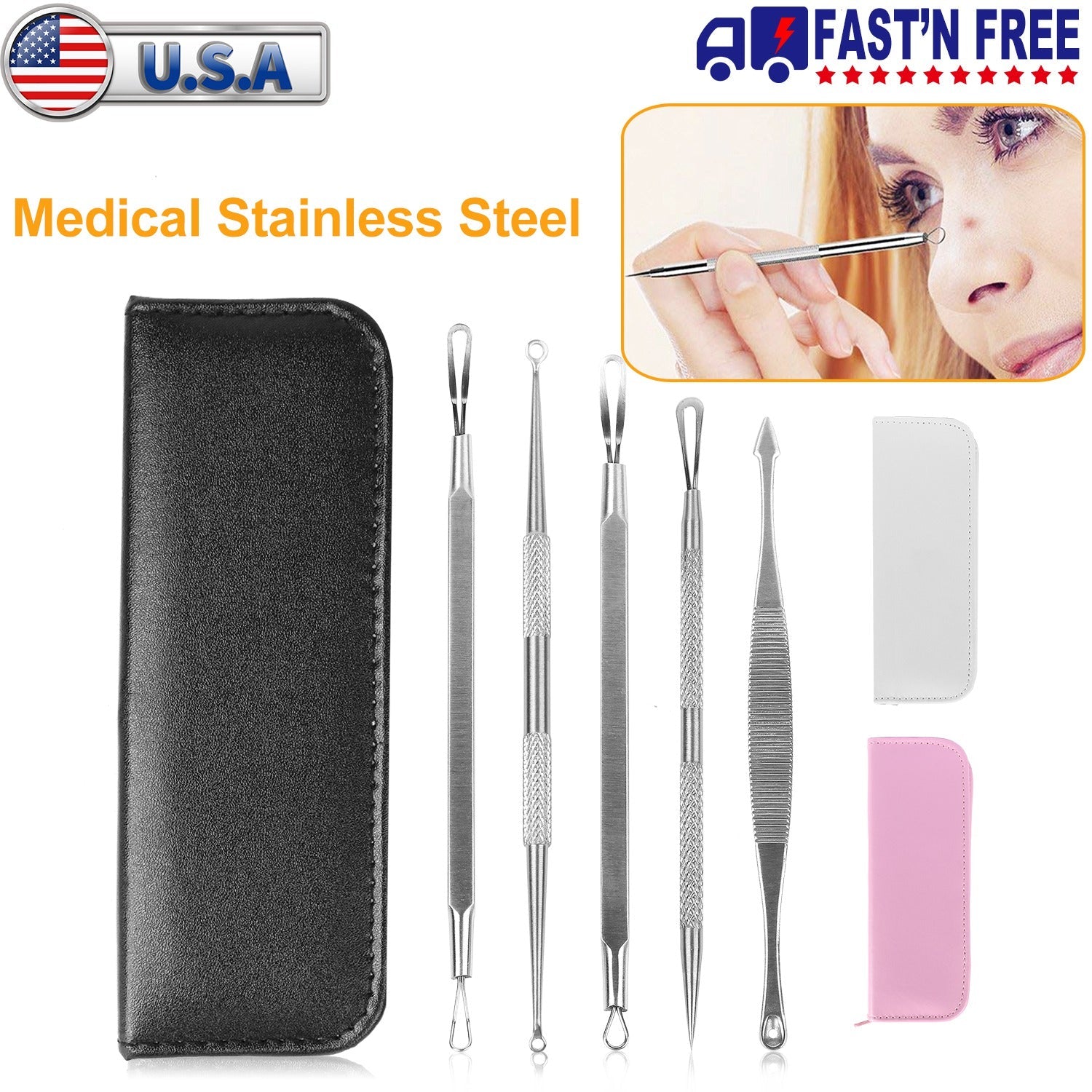 5-Piece Stainless Steel Blackhead Remover Acne Extractor Tool Set