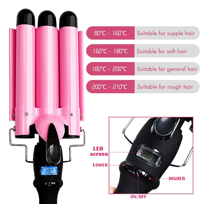 LED Ceramic Triple Barrel Hair Waver Curling Iron Styler