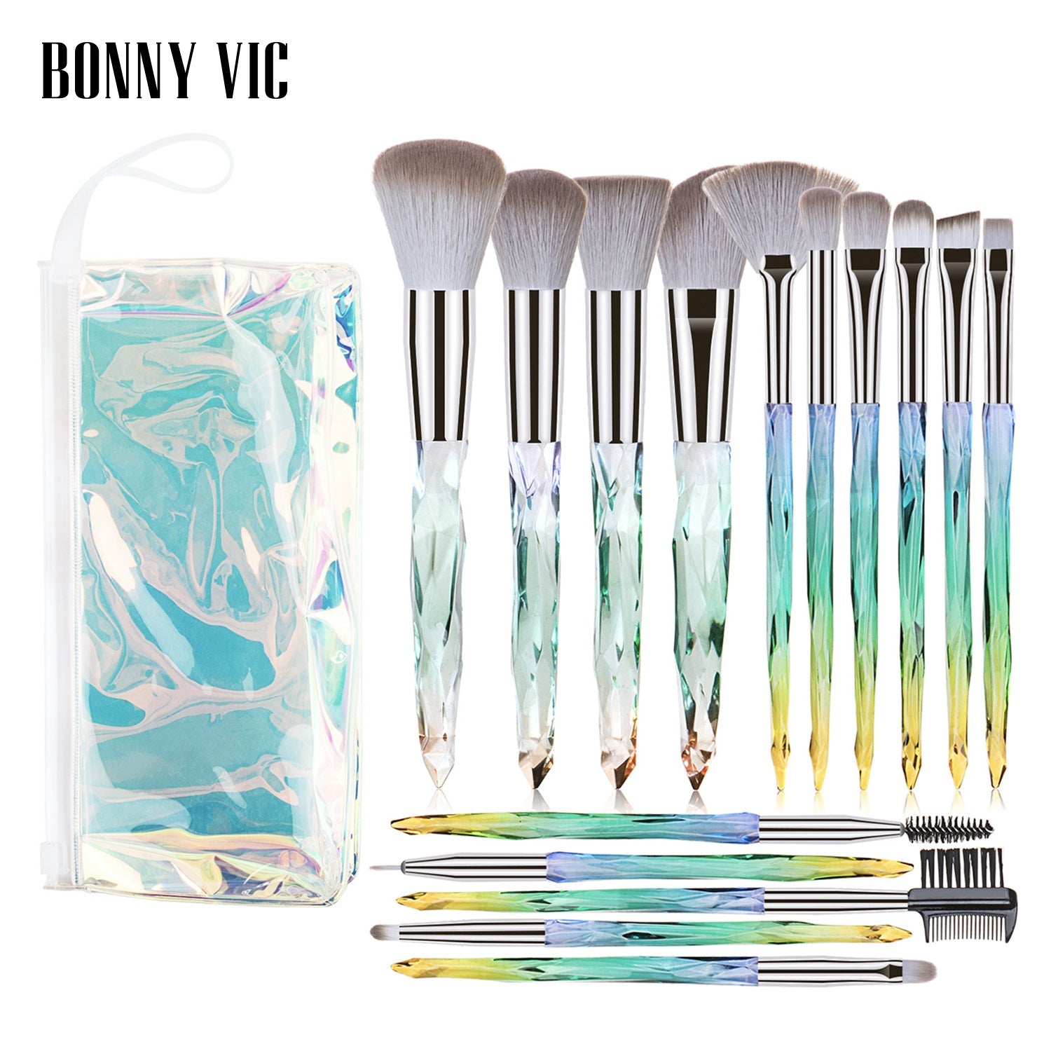 15-Piece Diamond Crystal Handle Makeup Brush Set Professional
