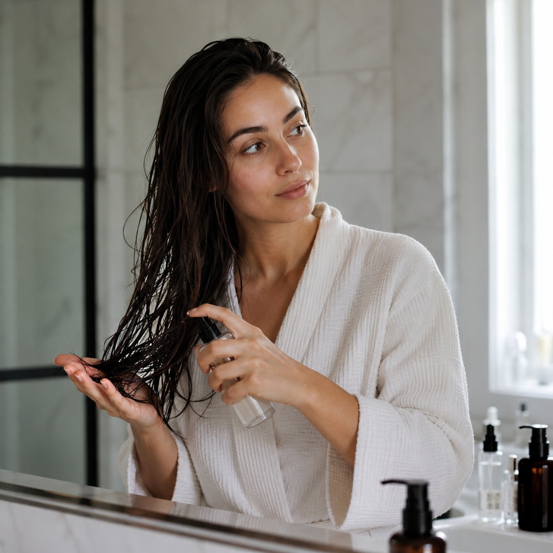 Woman in a white robe applying hair product in front of a mirror