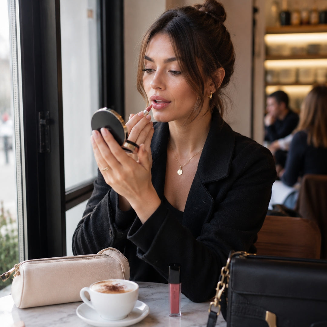 Woman applying makeup in a cafe setting