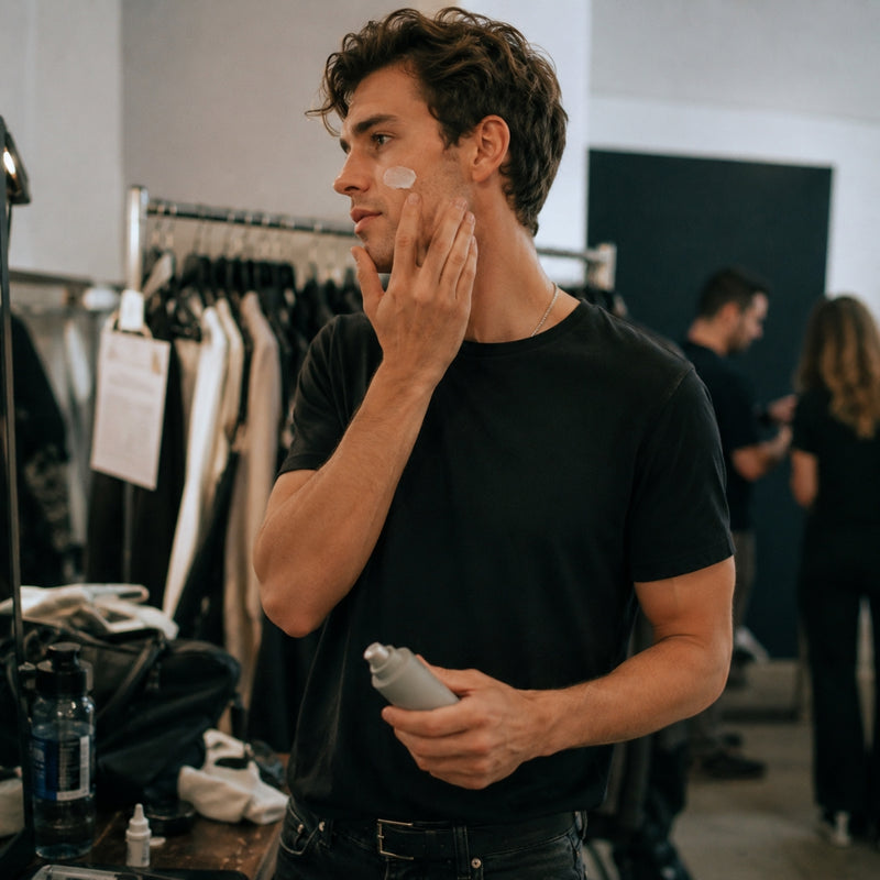Man applying cream to his face in a clothing store