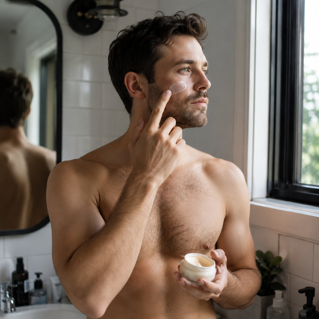 Man applying cream to his face in a bathroom