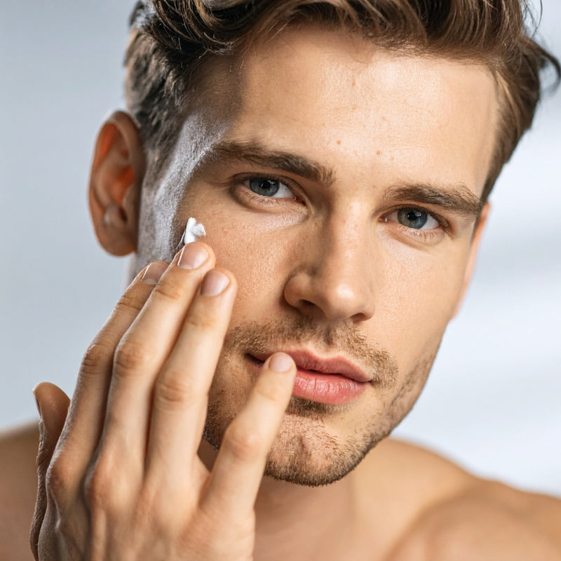 Man applying cream to his face with a neutral background
