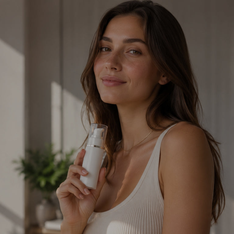 Woman holding a white bottle in a room with large windows