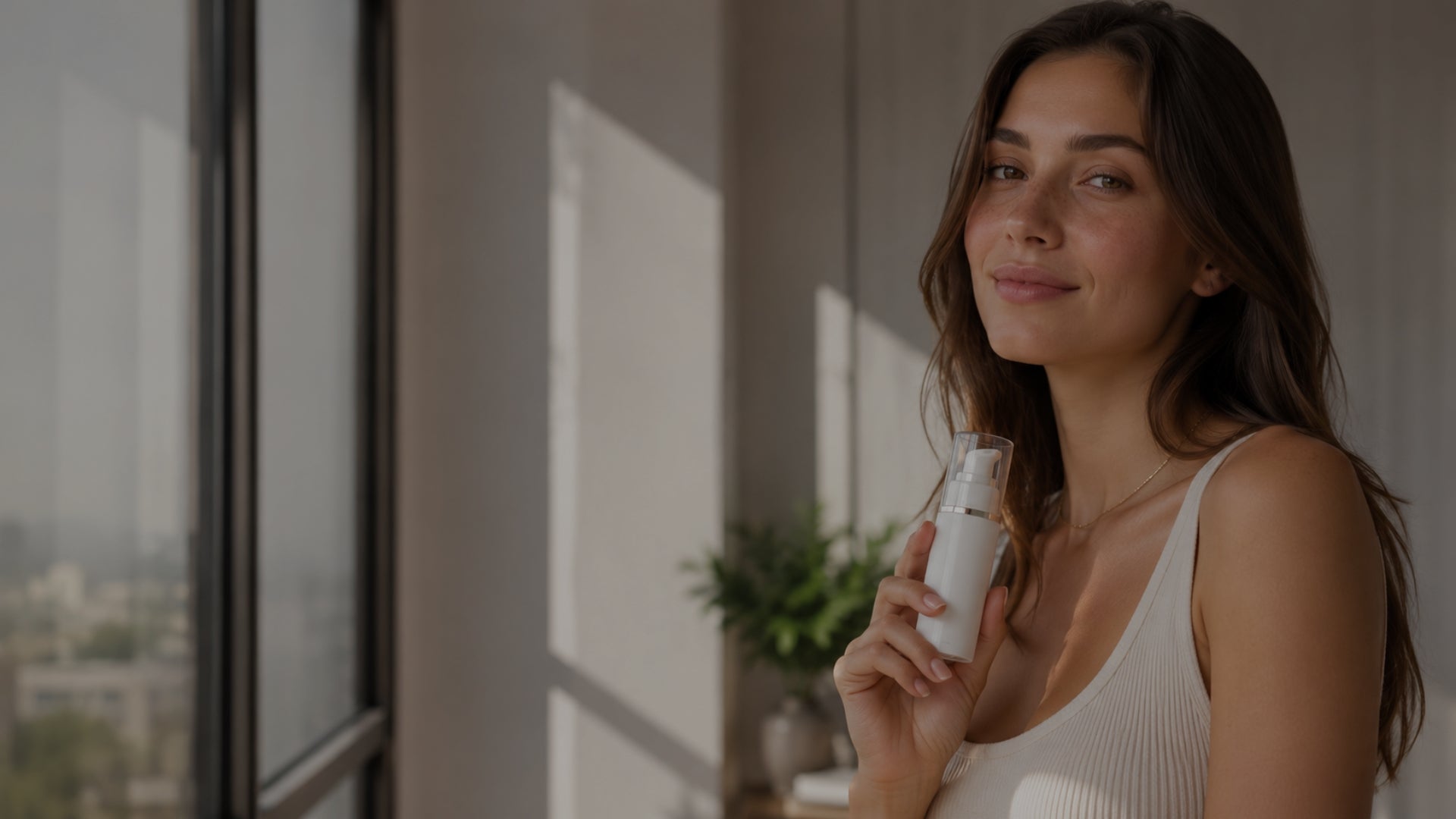 Woman holding a white bottle in a room with large windows